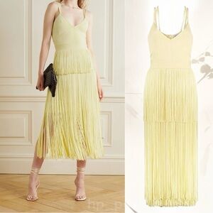 Herve Leger Geometric Ottoman Knit Fringe Cocktail Dress in Pastel Yellow NWT L